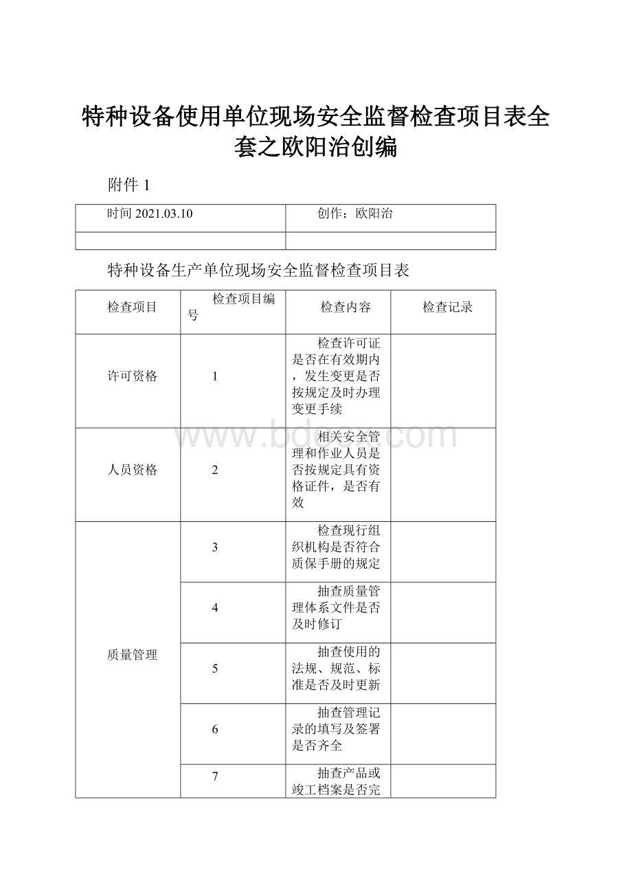 特种设备使用单位现场安全监督检查项目表全套之欧阳治创编.docx