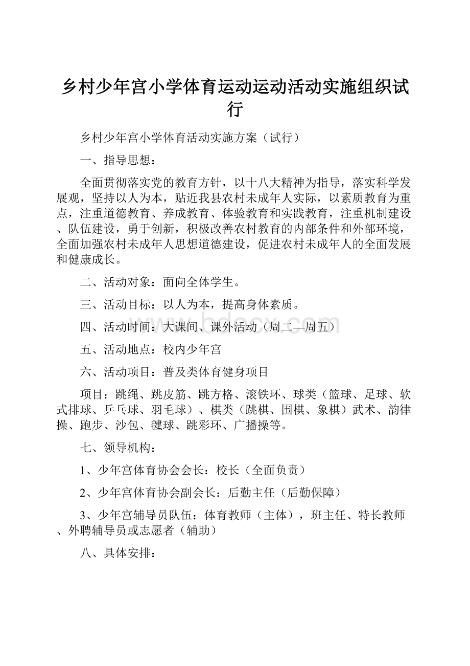 乡村少年宫小学体育运动运动活动实施组织试行.docx_第1页