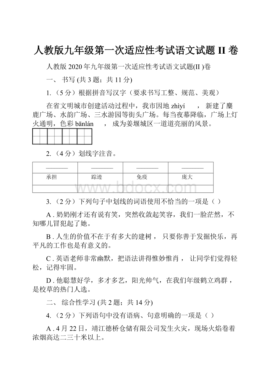 人教版九年级第一次适应性考试语文试题II 卷.docx