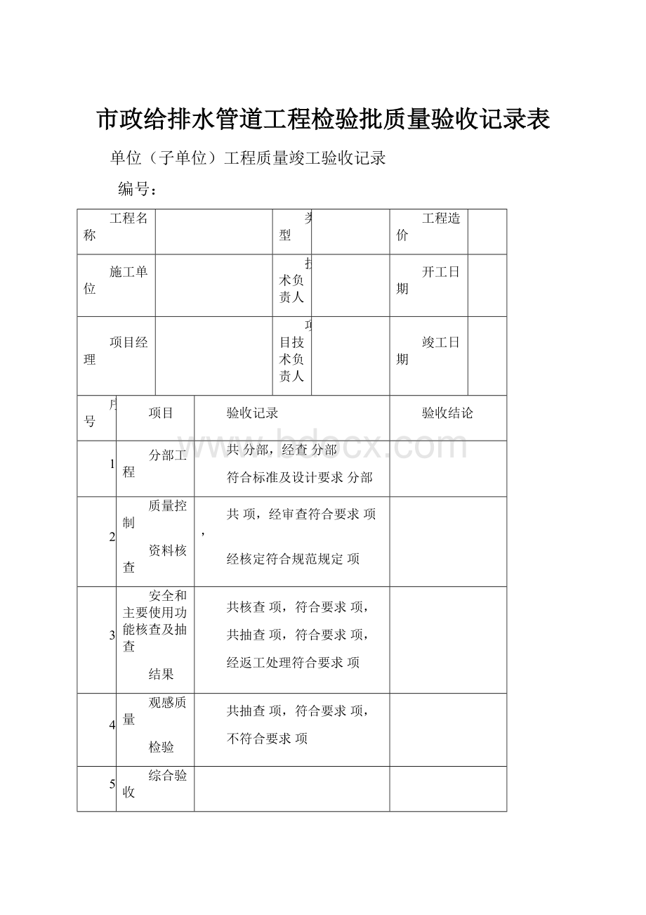 市政给排水管道工程检验批质量验收记录表.docx_第1页