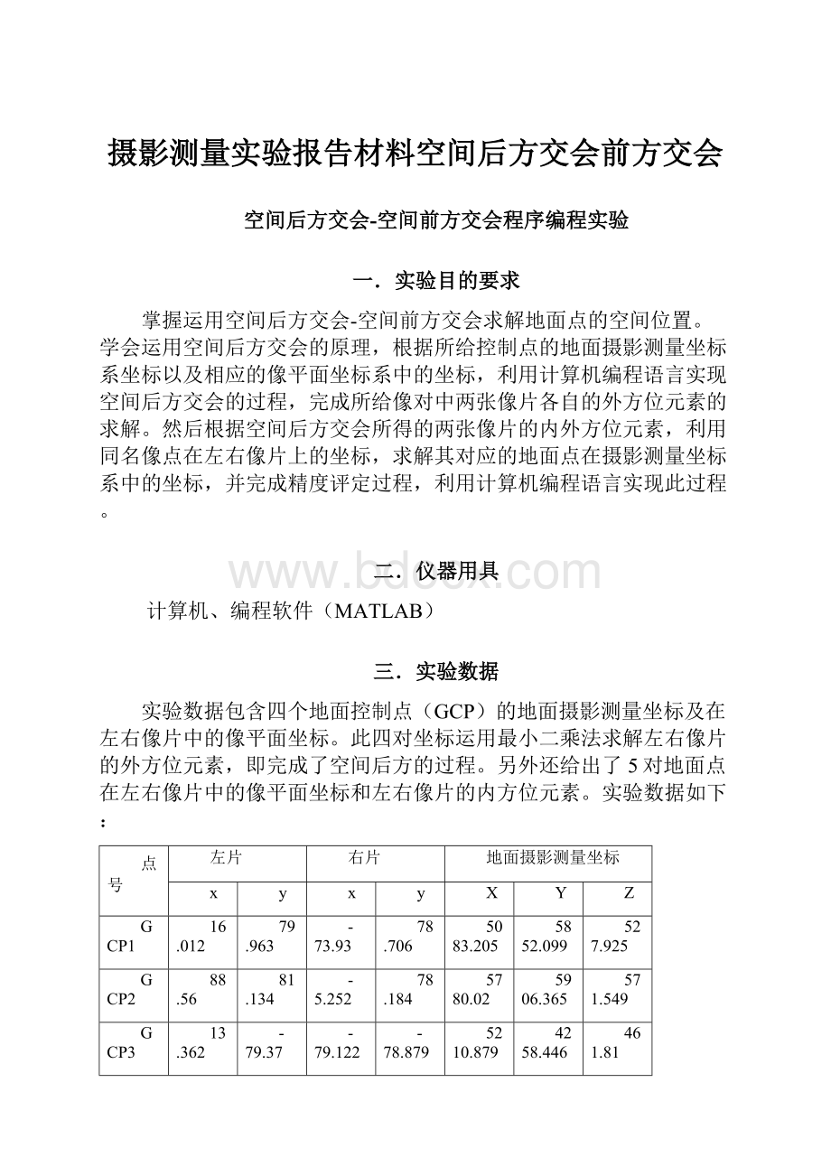 摄影测量实验报告材料空间后方交会前方交会.docx