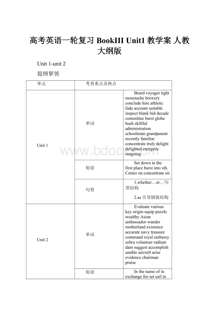 高考英语一轮复习 BookIII Unit1教学案 人教大纲版.docx