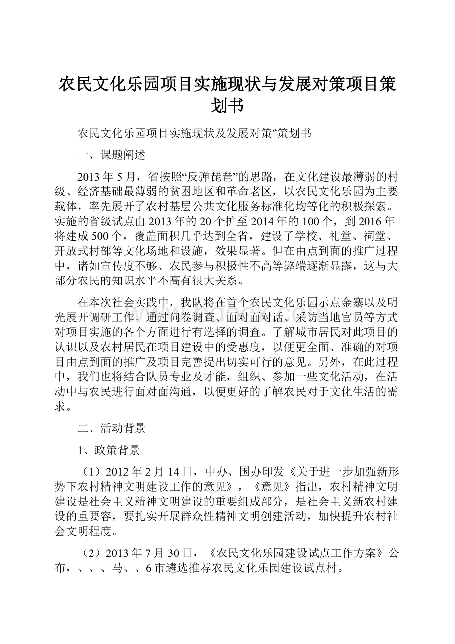 农民文化乐园项目实施现状与发展对策项目策划书.docx_第1页