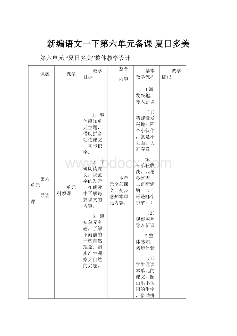 新编语文一下第六单元备课夏日多美.docx_第1页