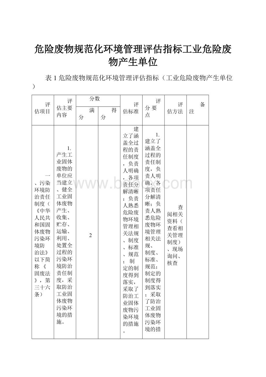 危险废物规范化环境管理评估指标工业危险废物产生单位.docx_第1页