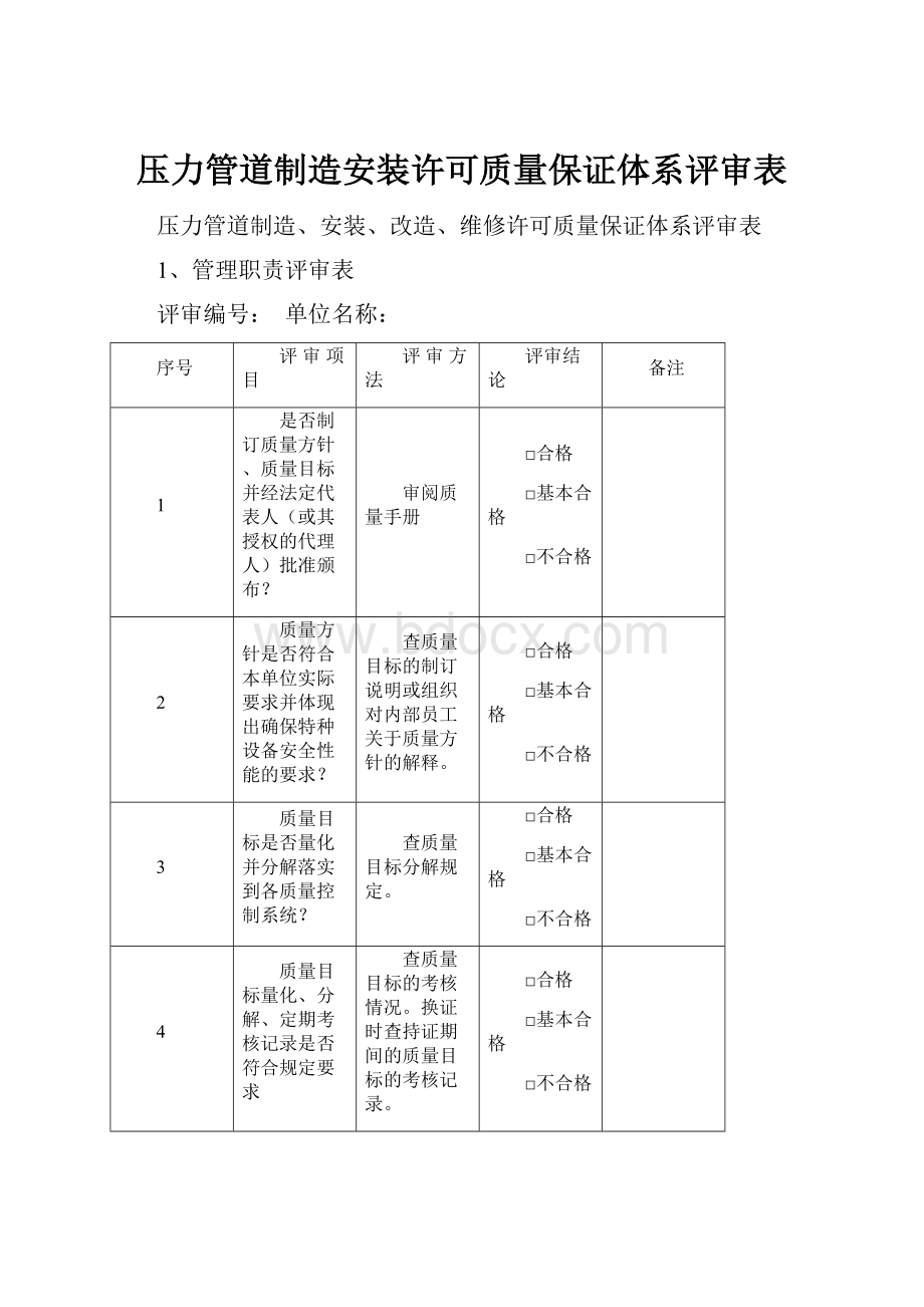 压力管道制造安装许可质量保证体系评审表.docx