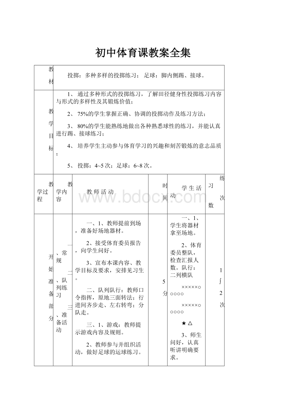 初中体育课教案全集.docx_第1页