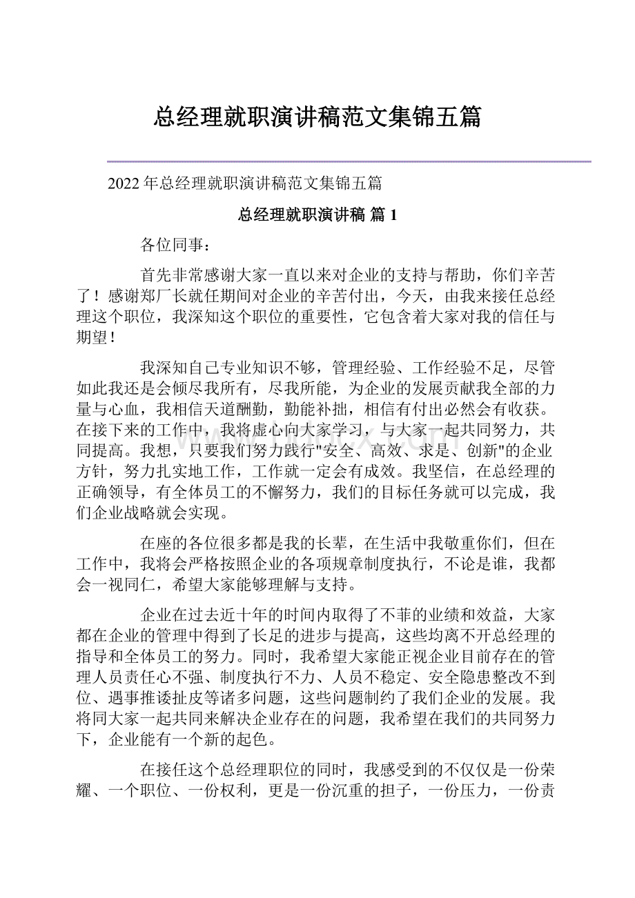 总经理就职演讲稿范文集锦五篇.docx