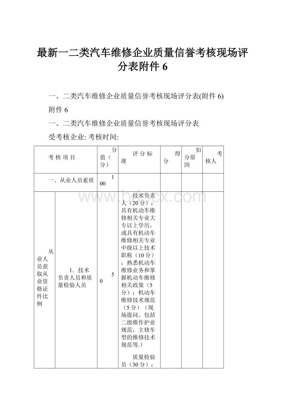 最新一二类汽车维修企业质量信誉考核现场评分表附件6.docx_第1页