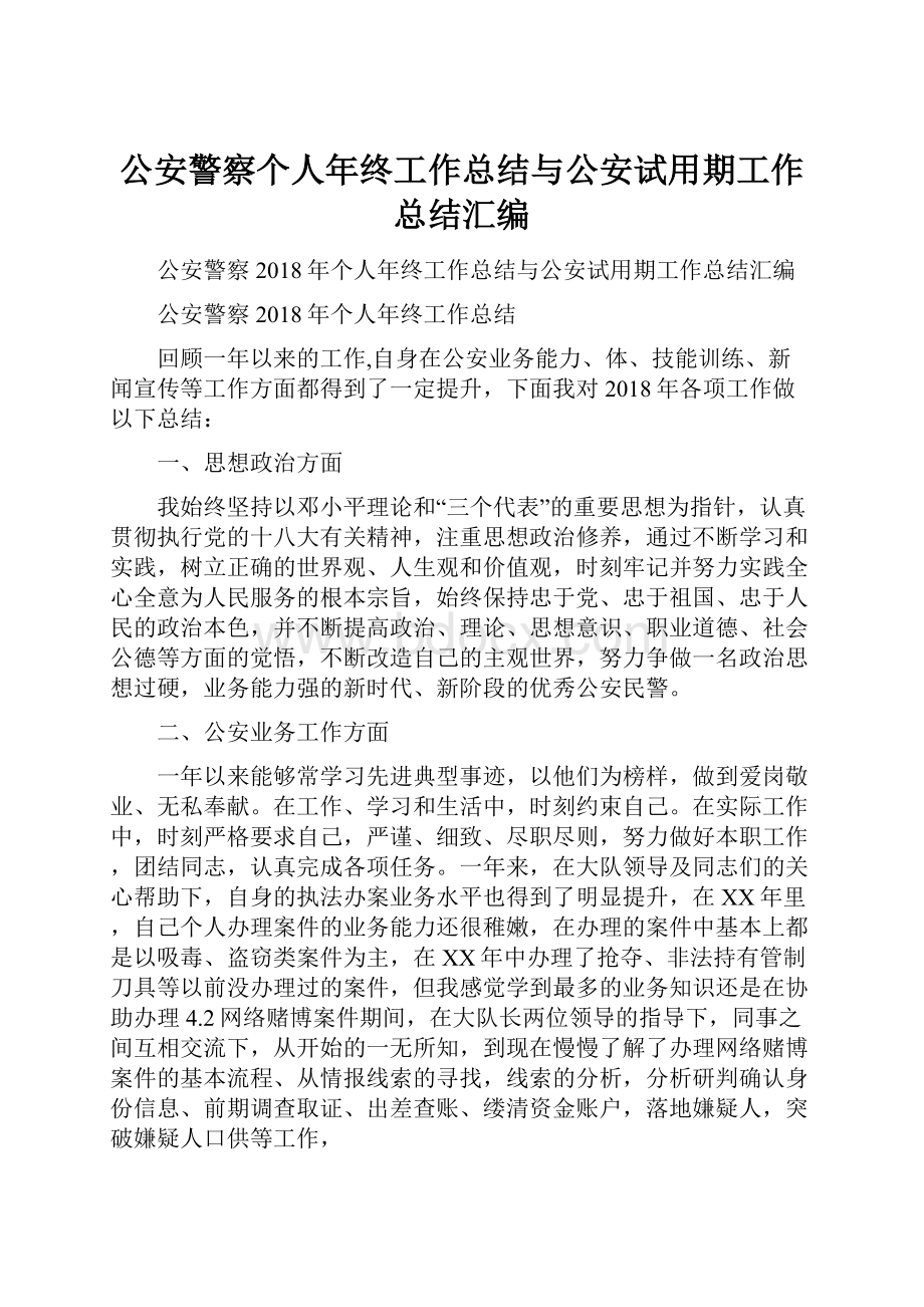 公安警察个人年终工作总结与公安试用期工作总结汇编.docx_第1页