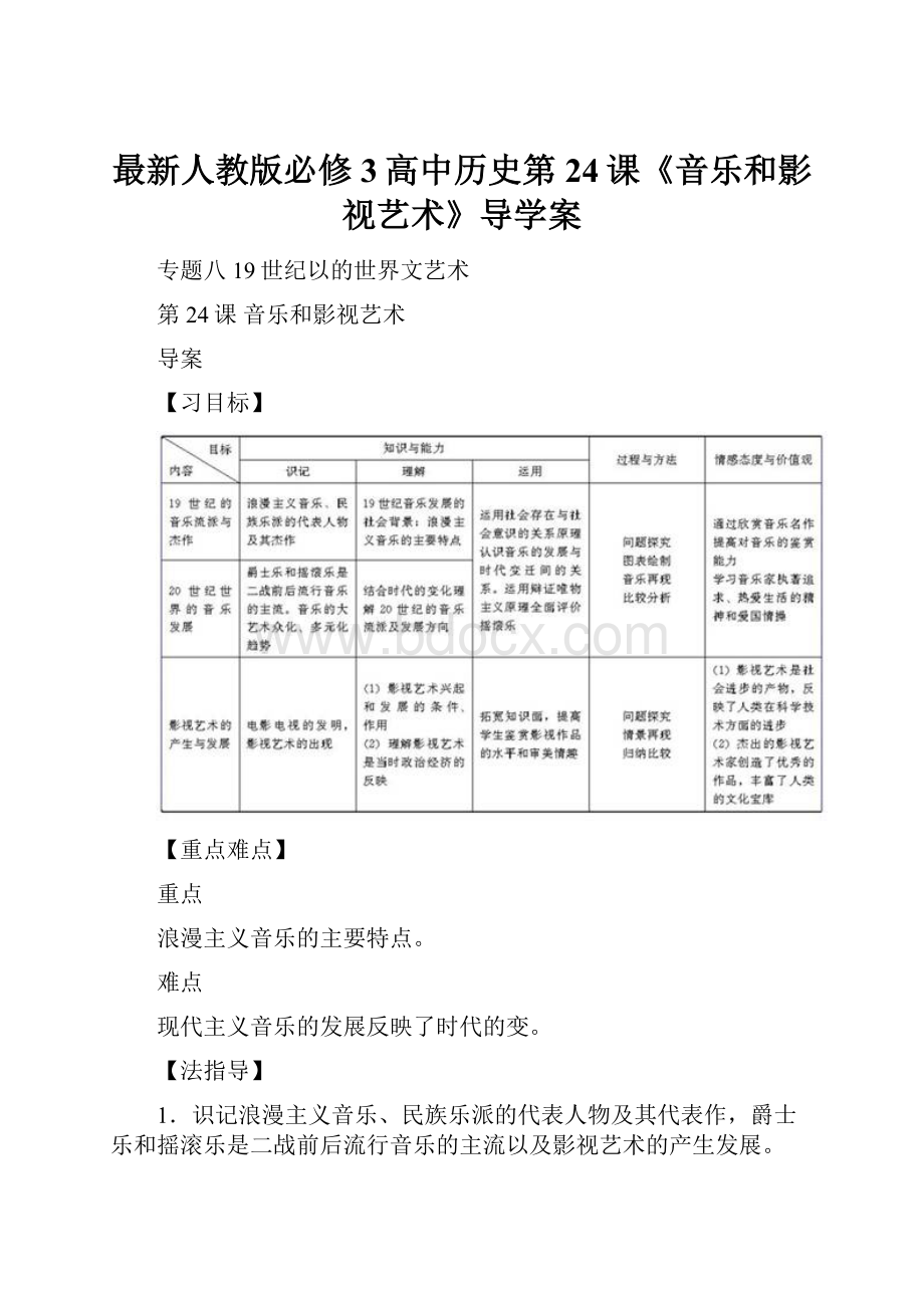 最新人教版必修3高中历史第24课《音乐和影视艺术》导学案.docx_第1页