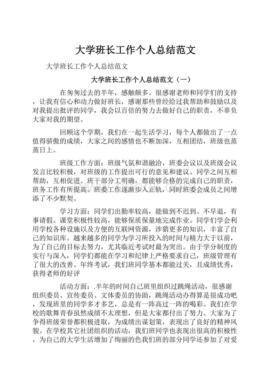 大学班长工作个人总结范文.docx