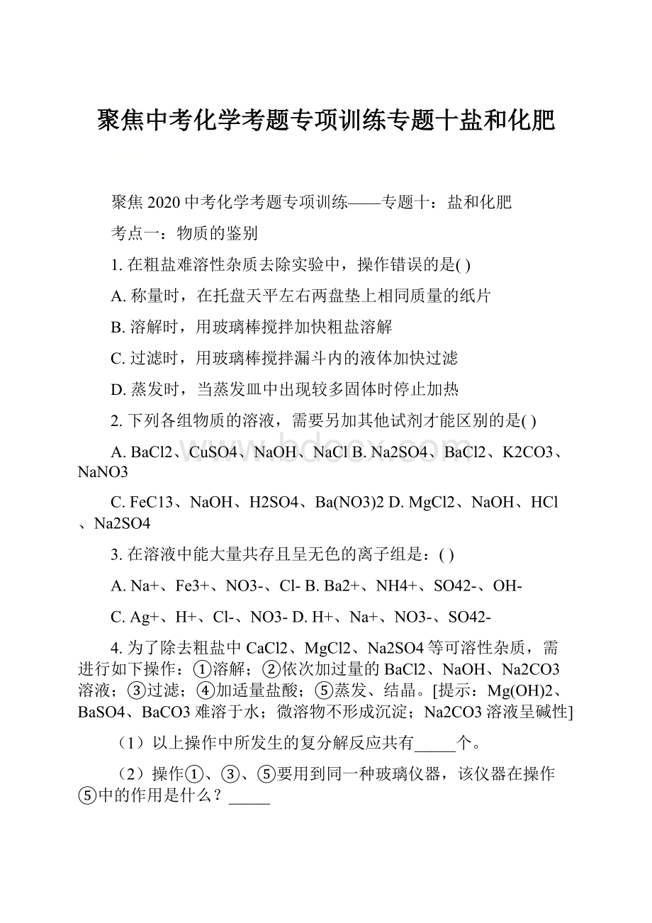 聚焦中考化学考题专项训练专题十盐和化肥.docx