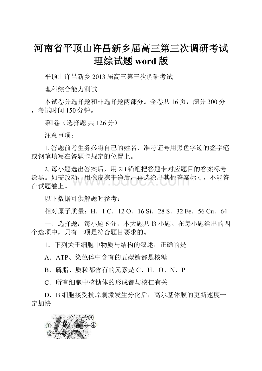 河南省平顶山许昌新乡届高三第三次调研考试理综试题word版.docx_第1页