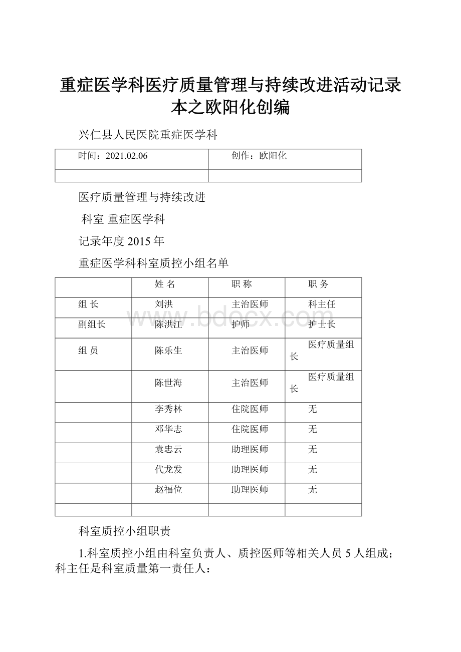 重症医学科医疗质量管理与持续改进活动记录本之欧阳化创编.docx_第1页