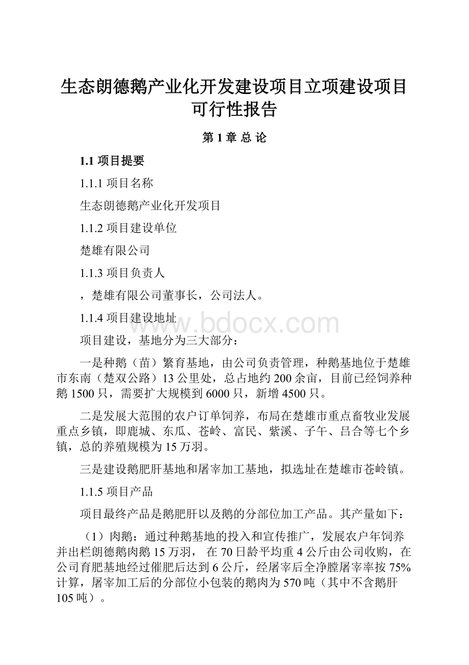 生态朗德鹅产业化开发建设项目立项建设项目可行性报告.docx_第1页