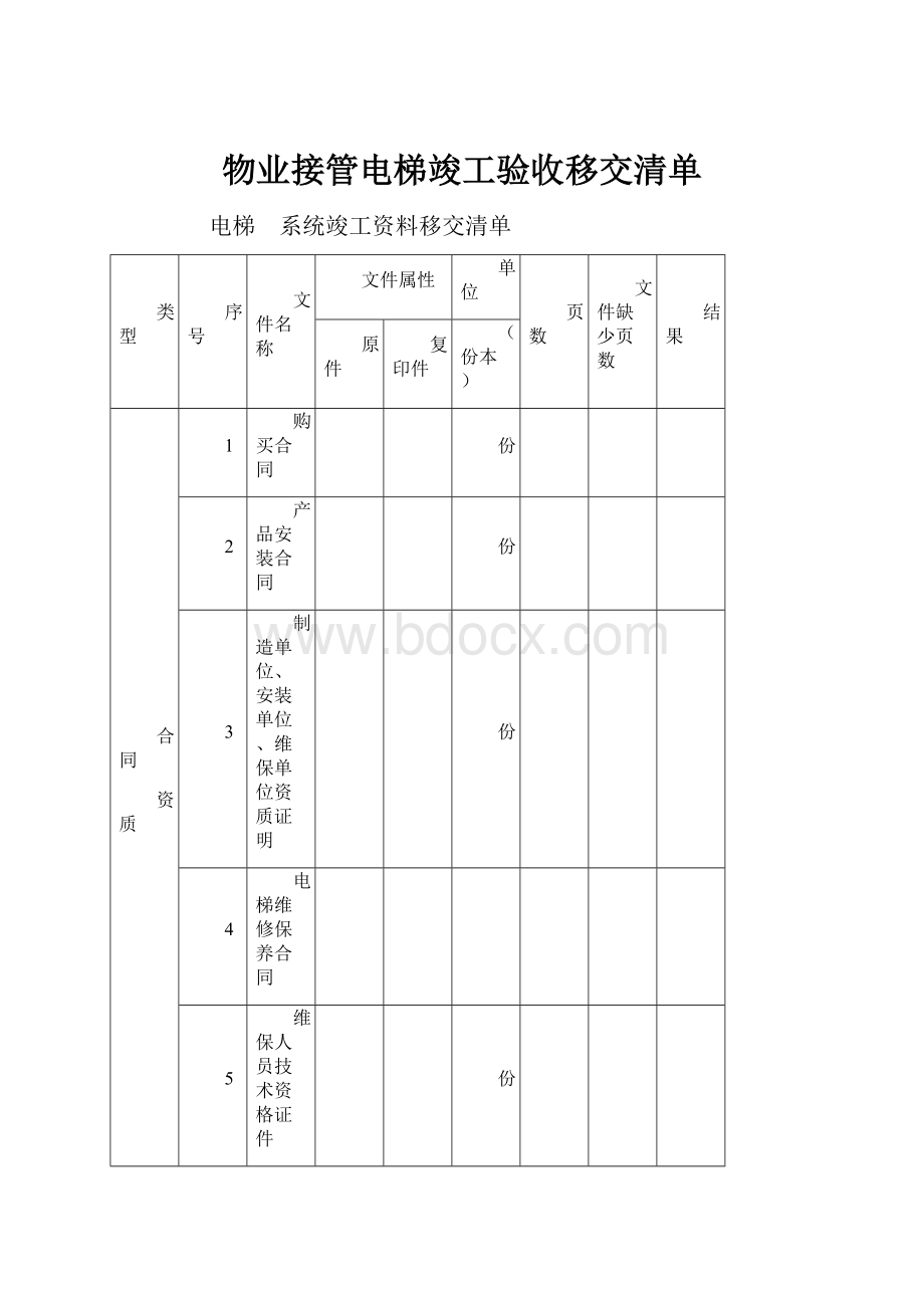 物业接管电梯竣工验收移交清单.docx_第1页