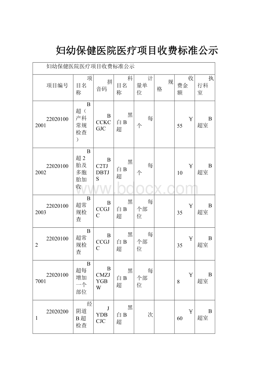 妇幼保健医院医疗项目收费标准公示.docx_第1页