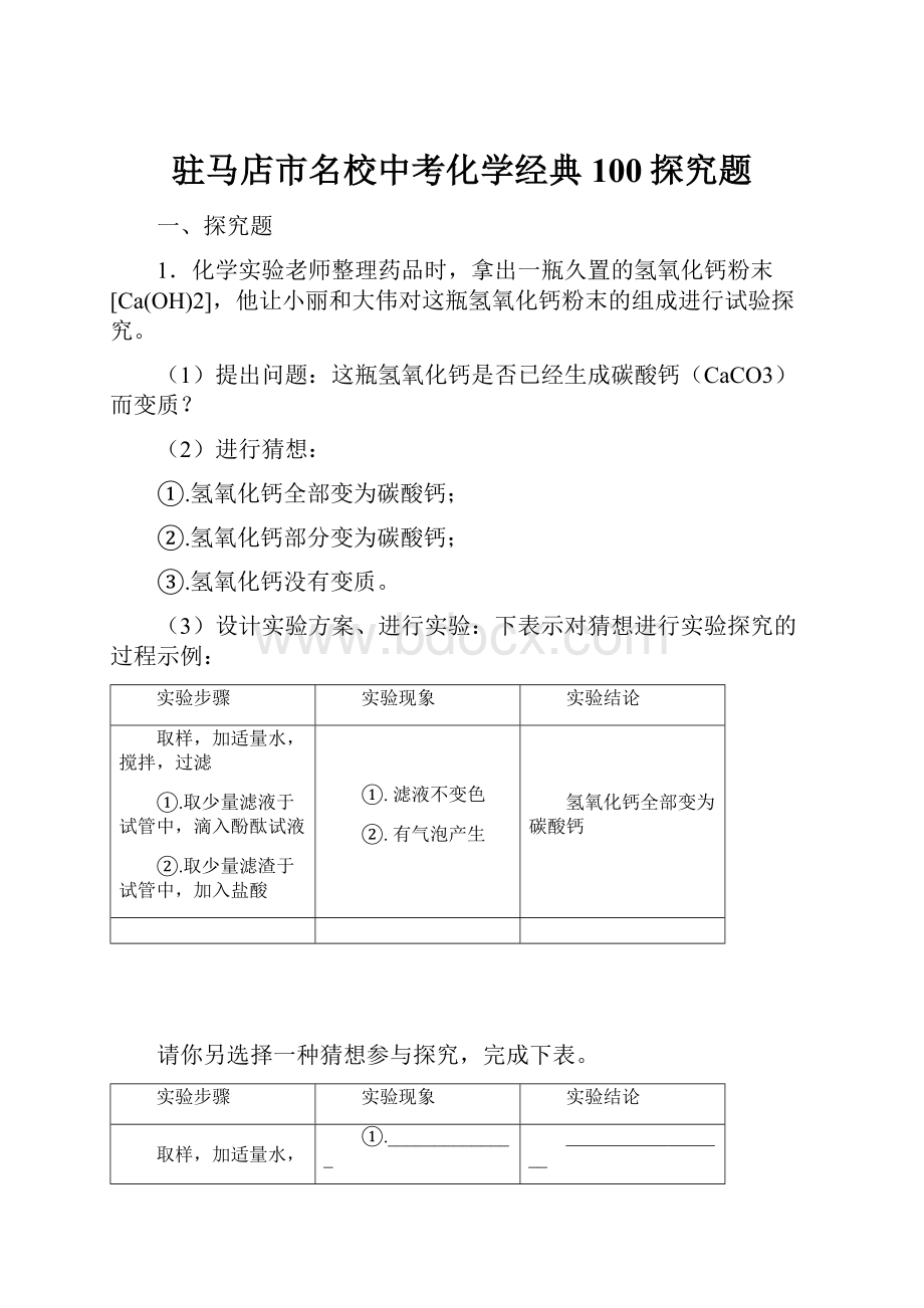 驻马店市名校中考化学经典100探究题.docx