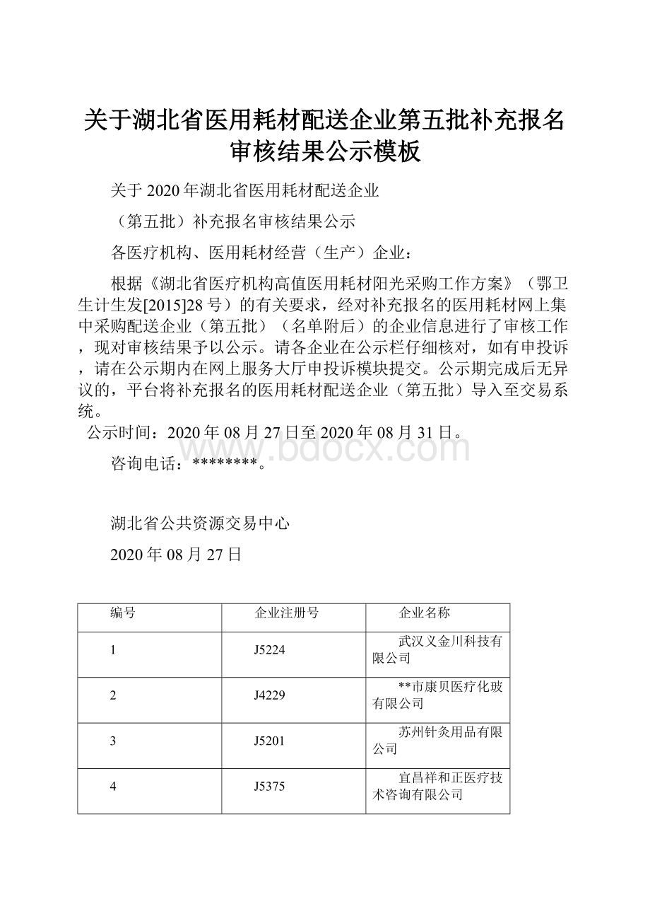 关于湖北省医用耗材配送企业第五批补充报名审核结果公示模板.docx