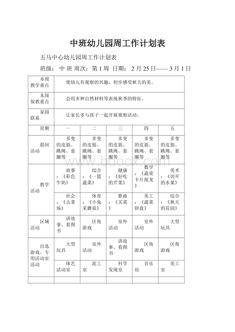 中班幼儿园周工作计划表.docx_第1页