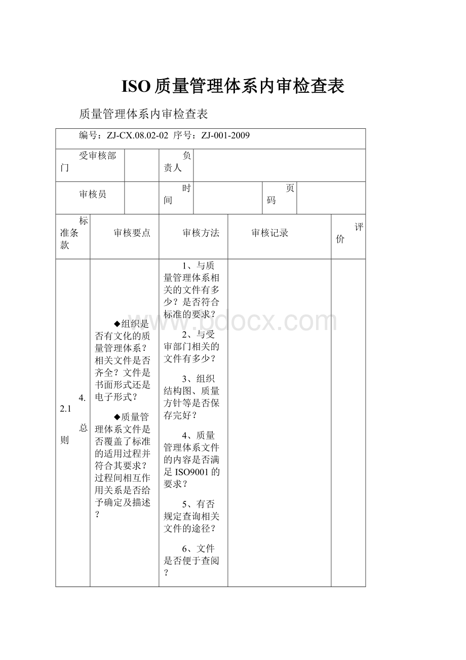 ISO质量管理体系内审检查表.docx_第1页