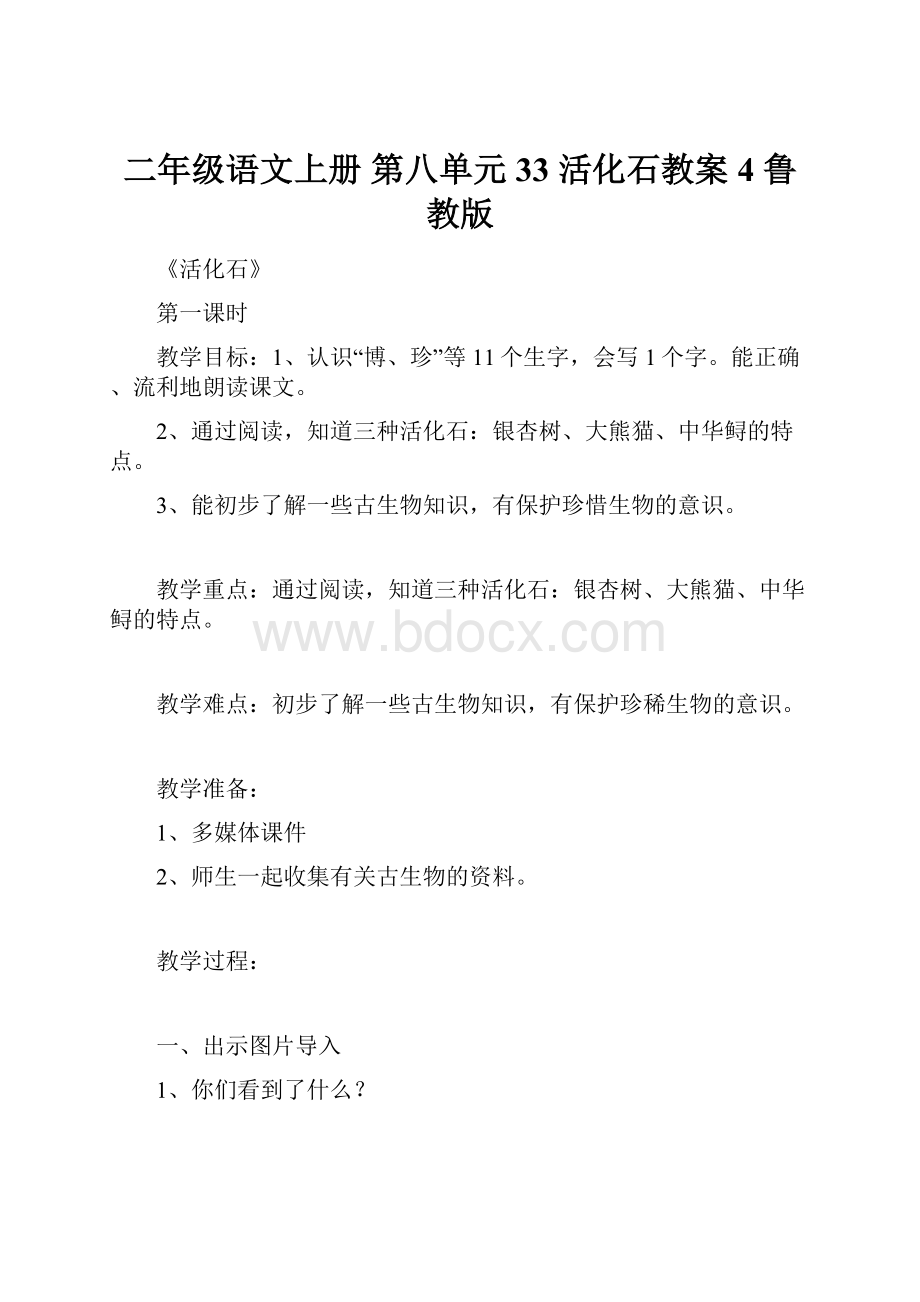 二年级语文上册 第八单元 33 活化石教案4 鲁教版.docx