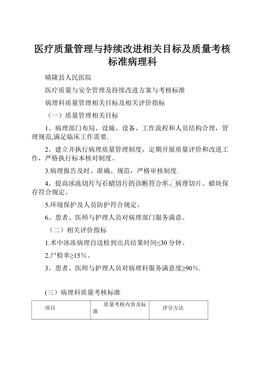 医疗质量管理与持续改进相关目标及质量考核标准病理科.docx_第1页