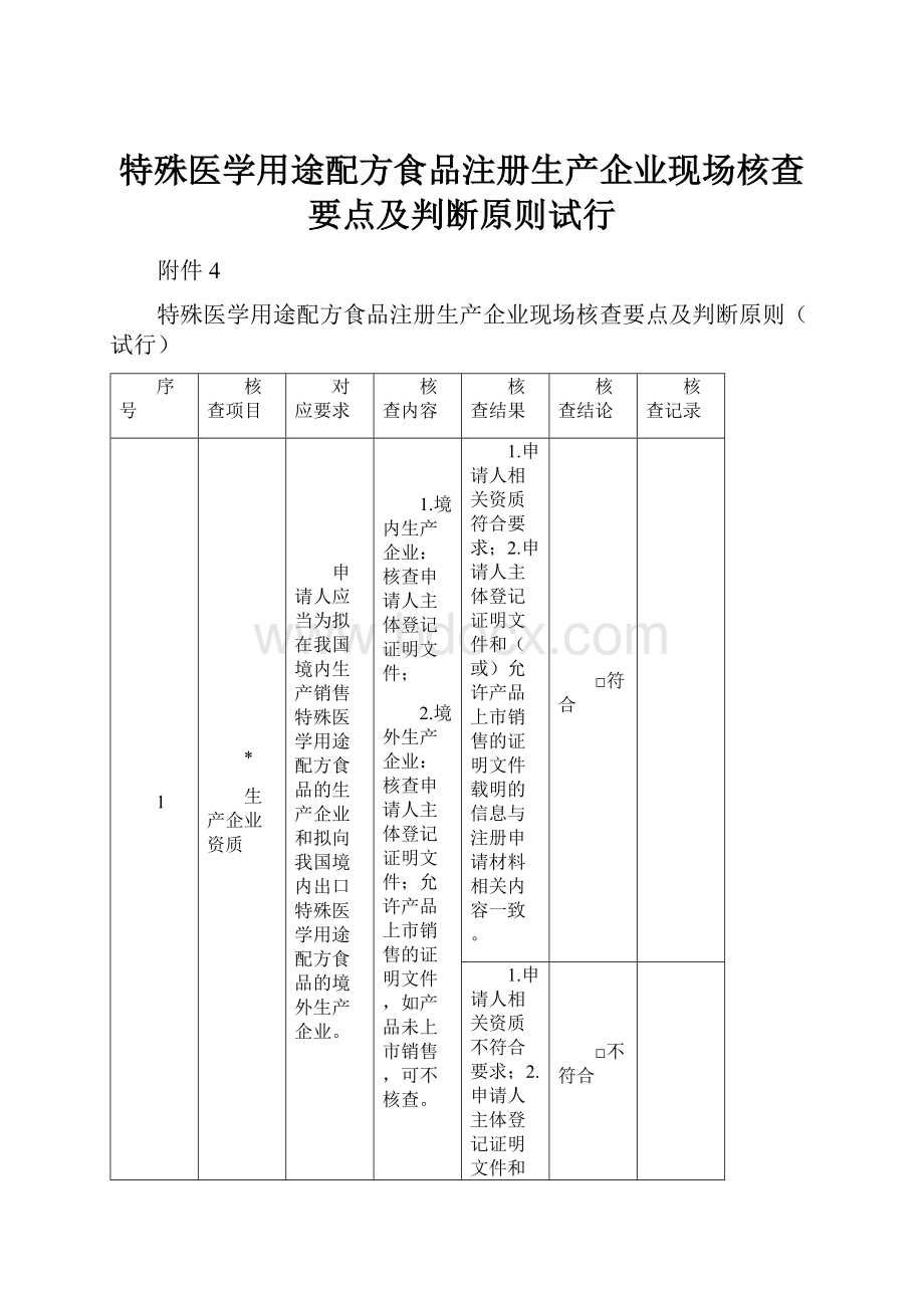 特殊医学用途配方食品注册生产企业现场核查要点及判断原则试行.docx