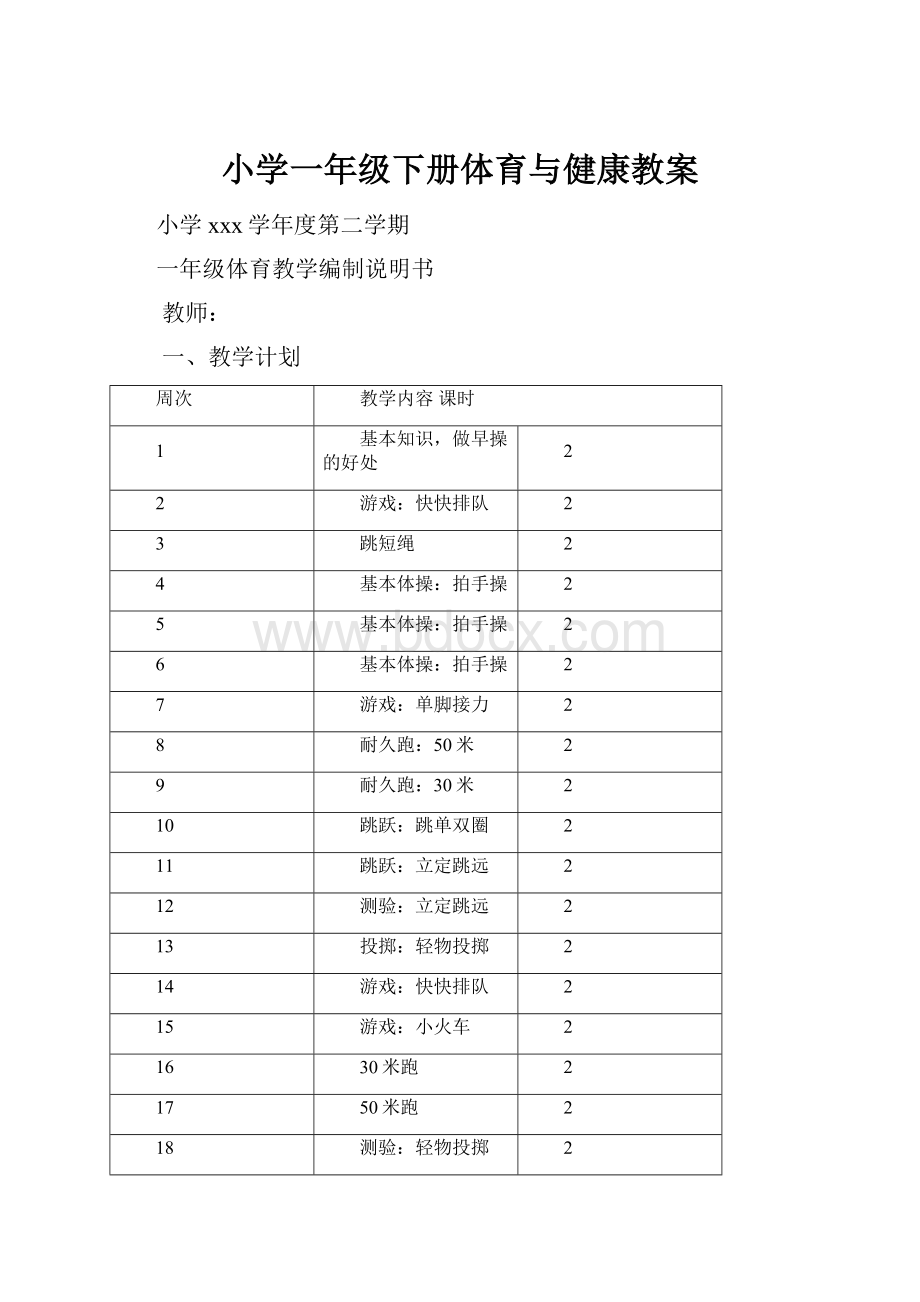 小学一年级下册体育与健康教案.docx_第1页