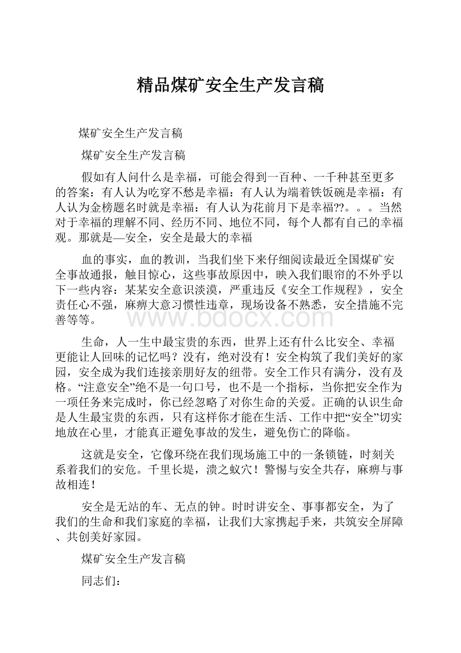 精品煤矿安全生产发言稿.docx_第1页