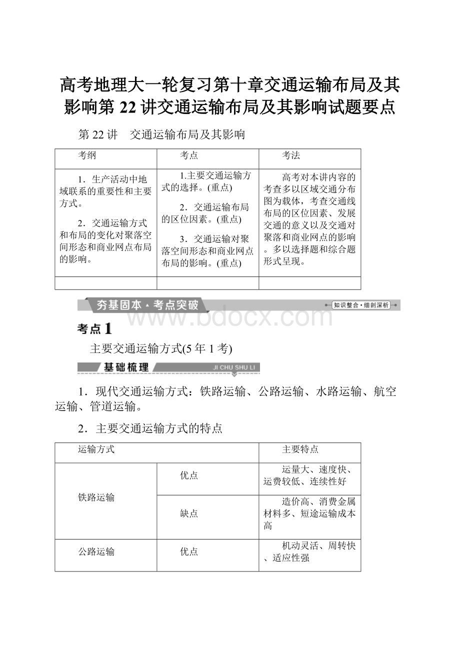 高考地理大一轮复习第十章交通运输布局及其影响第22讲交通运输布局及其影响试题要点.docx