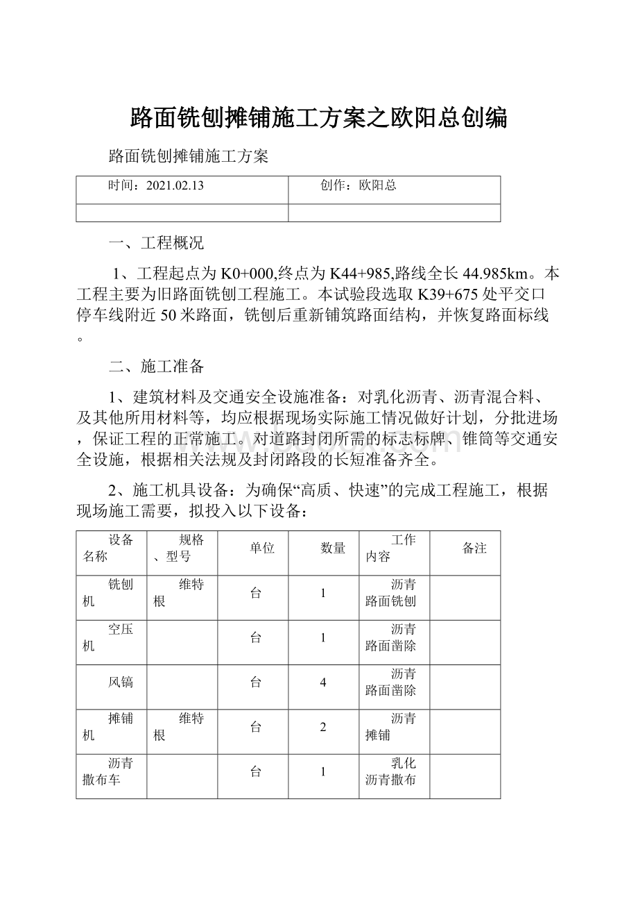 路面铣刨摊铺施工方案之欧阳总创编.docx