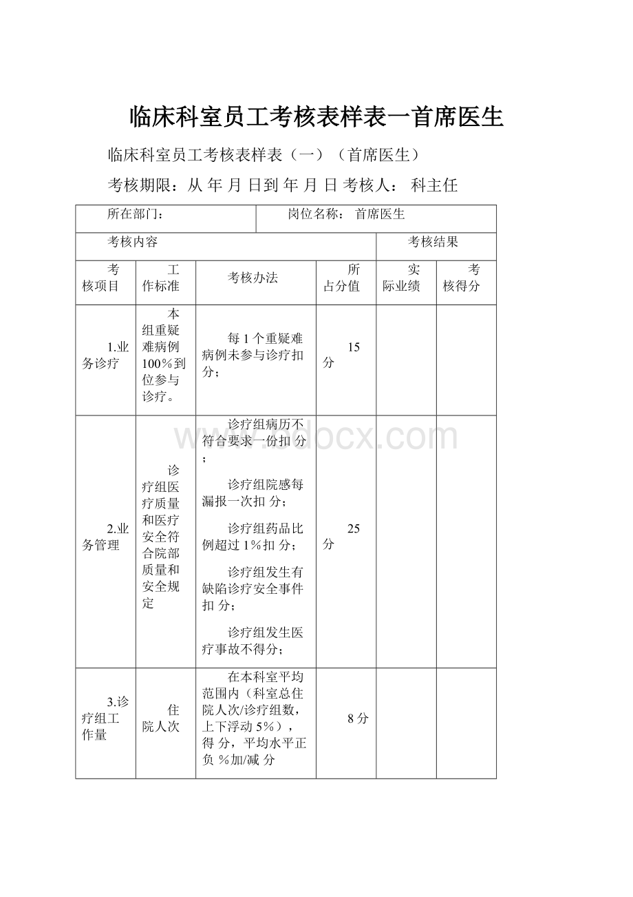 临床科室员工考核表样表一首席医生.docx