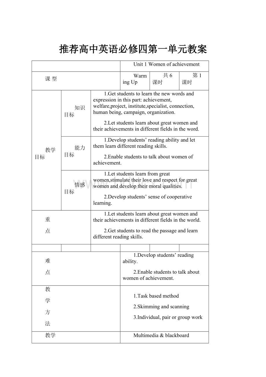 推荐高中英语必修四第一单元教案.docx