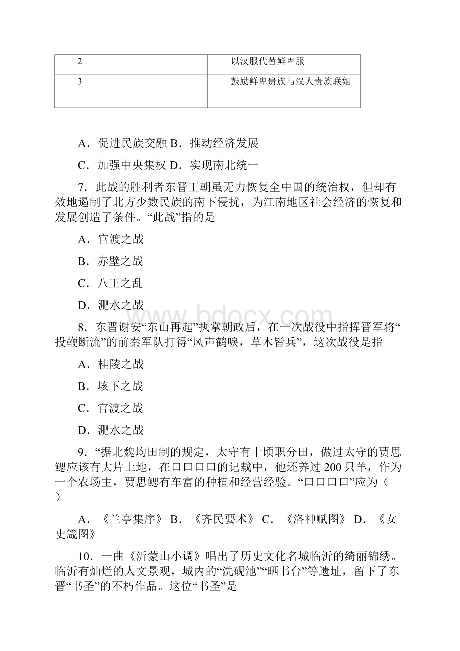 杭州市中考七年级历史上第四单元三国两晋南北朝时期模拟试题及答案.docx_第3页