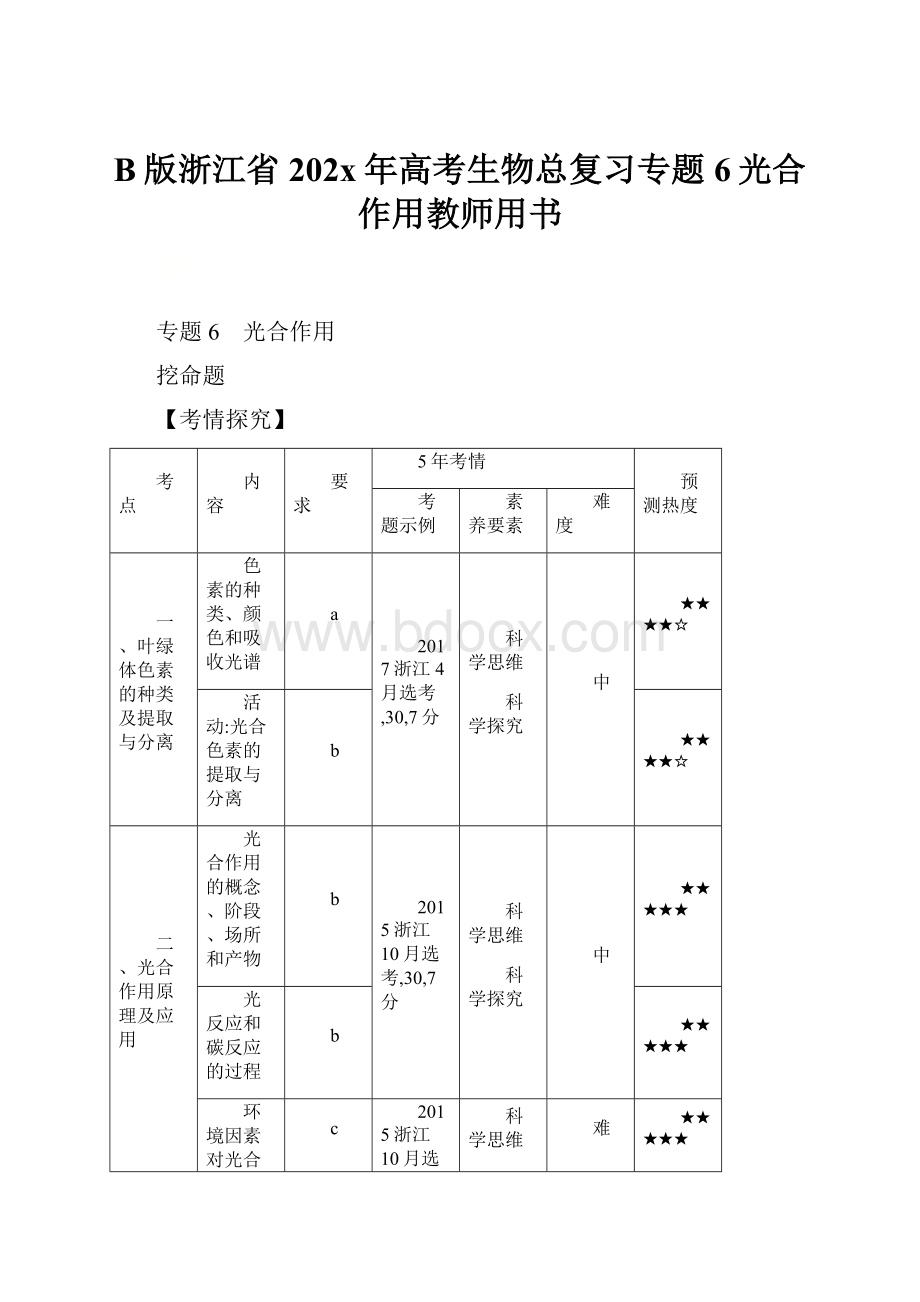 B版浙江省202x年高考生物总复习专题6光合作用教师用书.docx