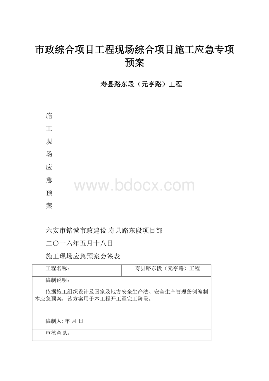 市政综合项目工程现场综合项目施工应急专项预案.docx