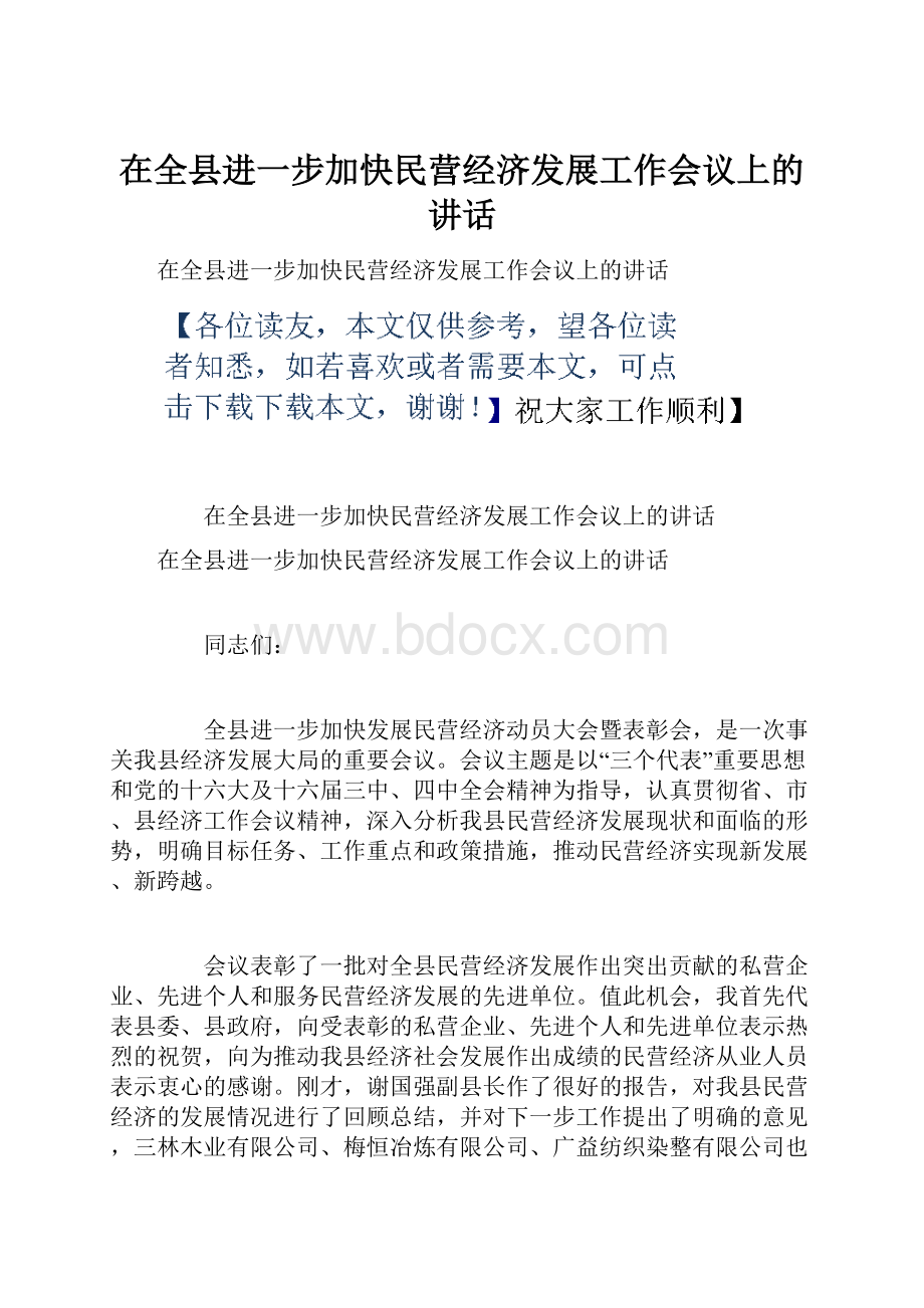 在全县进一步加快民营经济发展工作会议上的讲话.docx_第1页