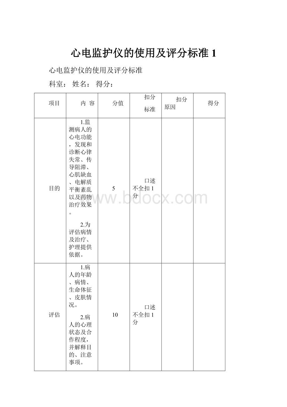 心电监护仪的使用及评分标准 1.docx_第1页