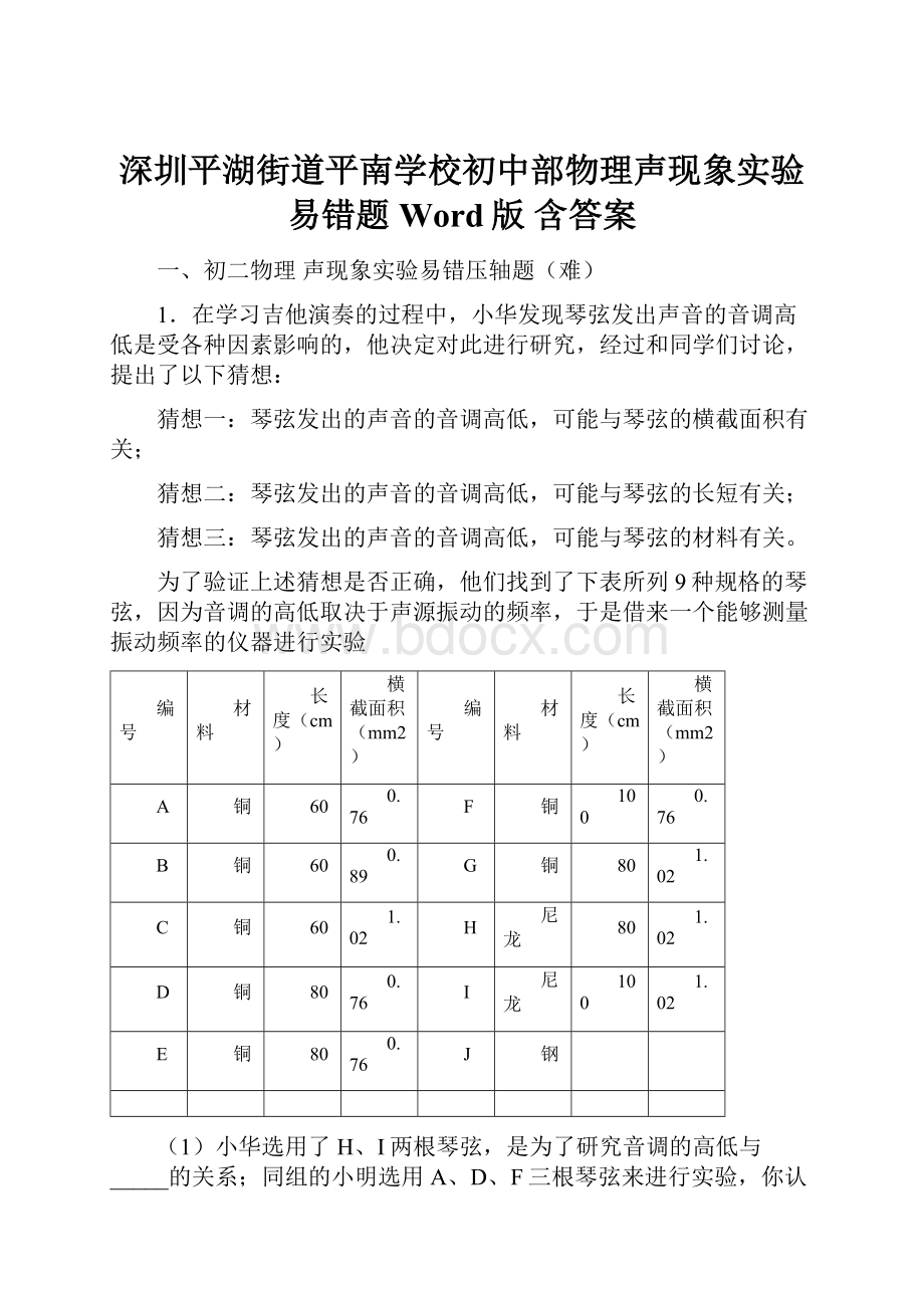 深圳平湖街道平南学校初中部物理声现象实验易错题Word版 含答案.docx