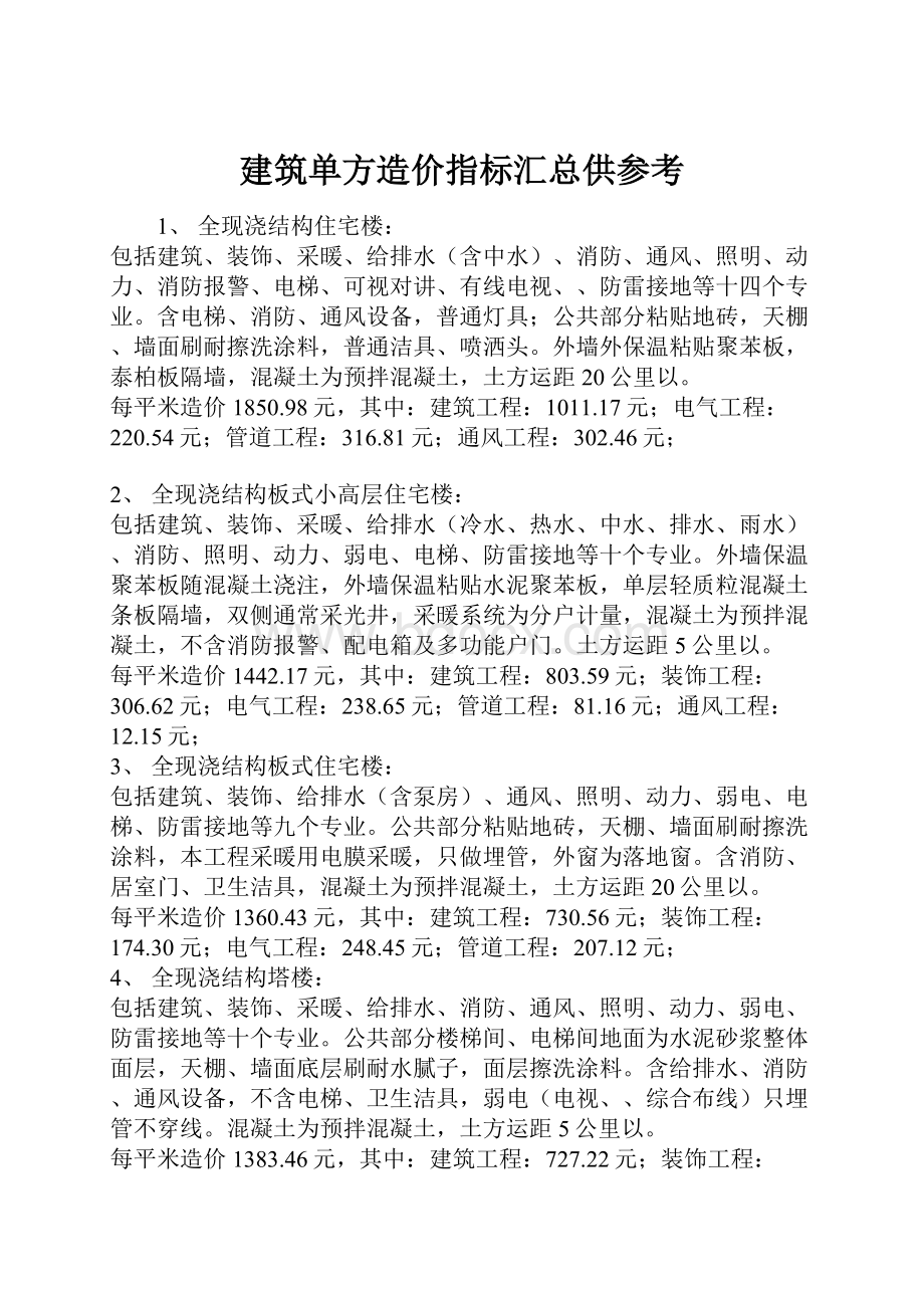 建筑单方造价指标汇总供参考.docx