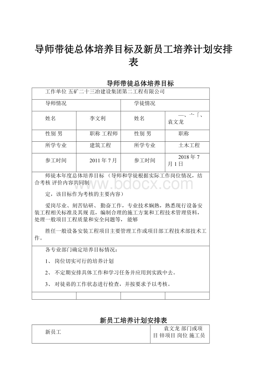 导师带徒总体培养目标及新员工培养计划安排表.docx_第1页