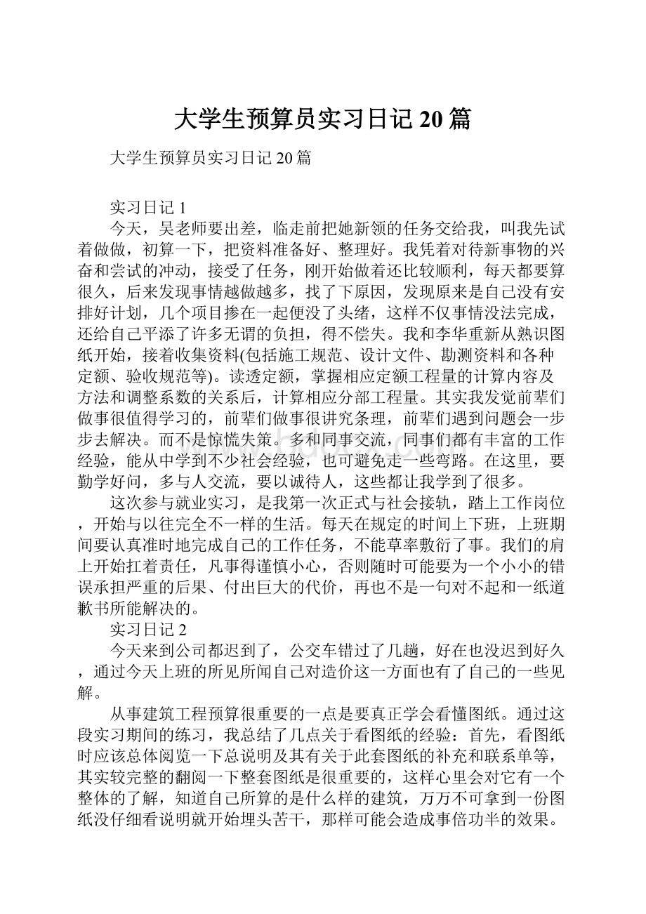 大学生预算员实习日记20篇.docx_第1页