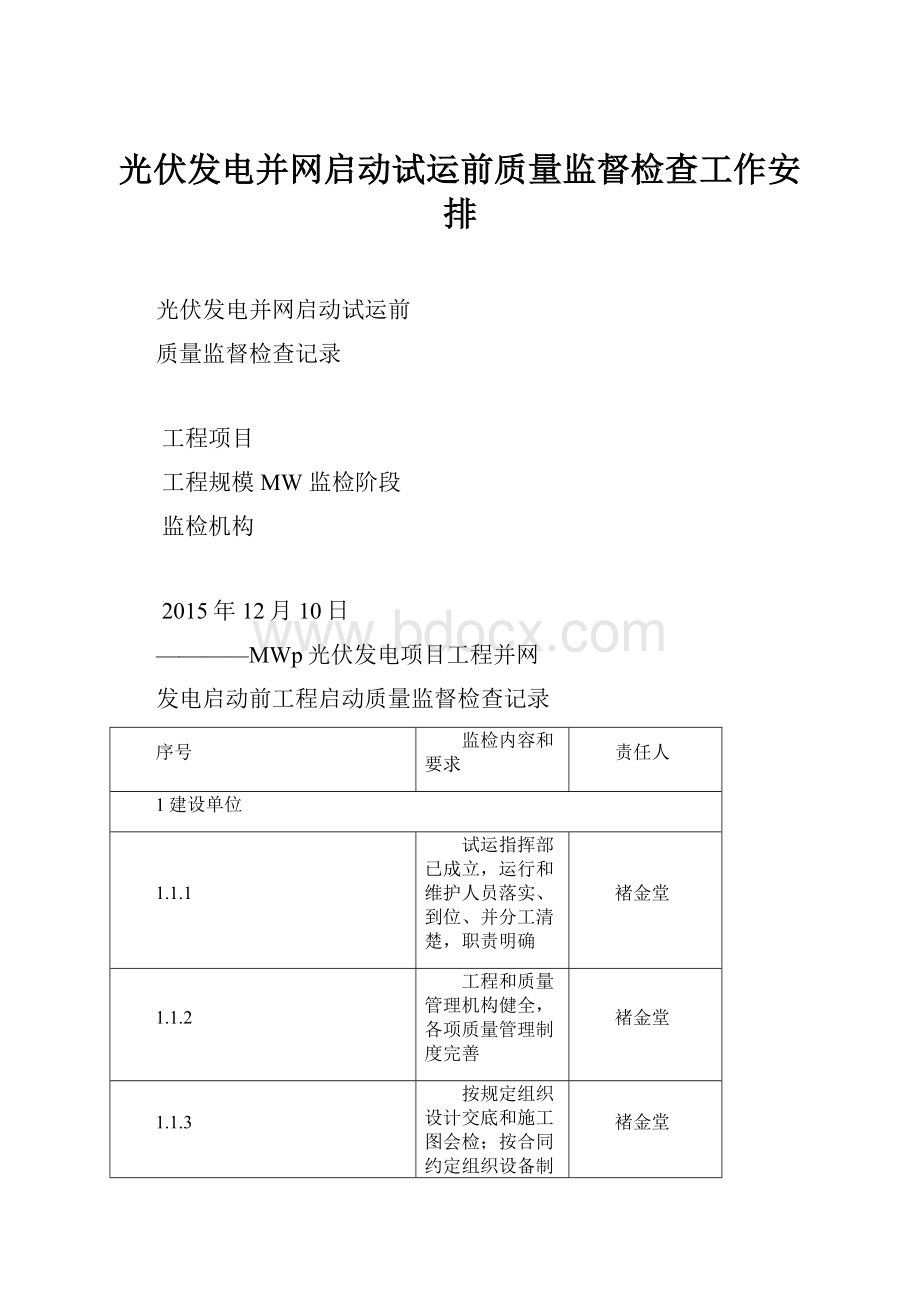 光伏发电并网启动试运前质量监督检查工作安排.docx