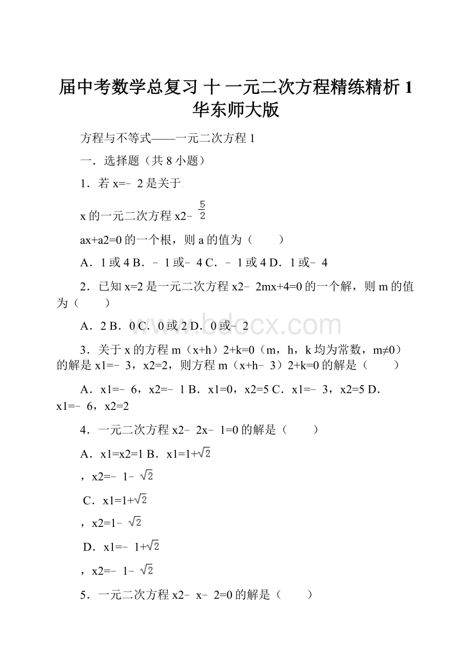 届中考数学总复习 十 一元二次方程精练精析1 华东师大版.docx