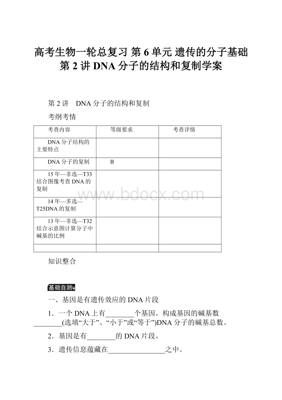 高考生物一轮总复习 第6单元 遗传的分子基础 第2讲 DNA分子的结构和复制学案.docx_第1页