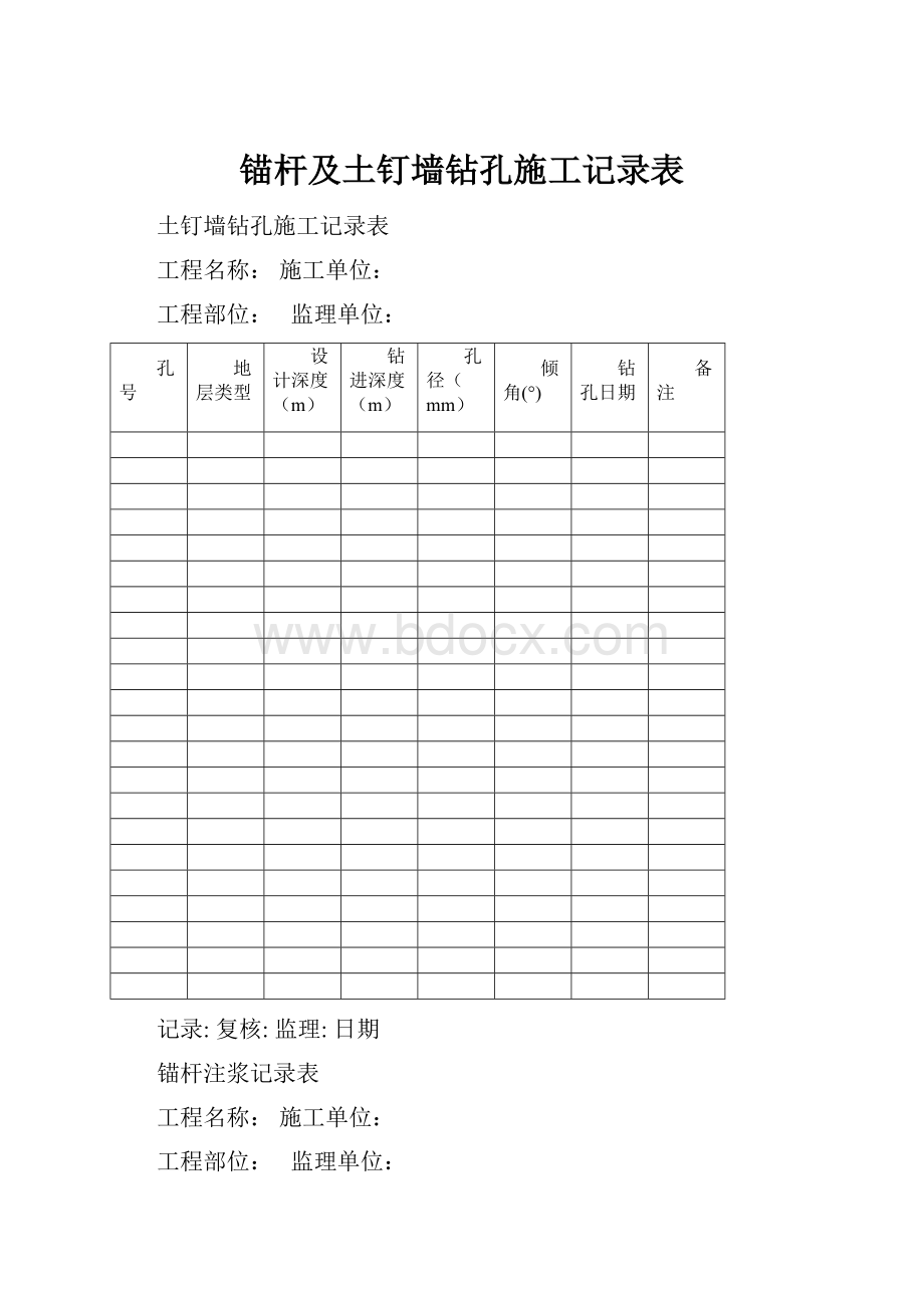 锚杆及土钉墙钻孔施工记录表.docx_第1页