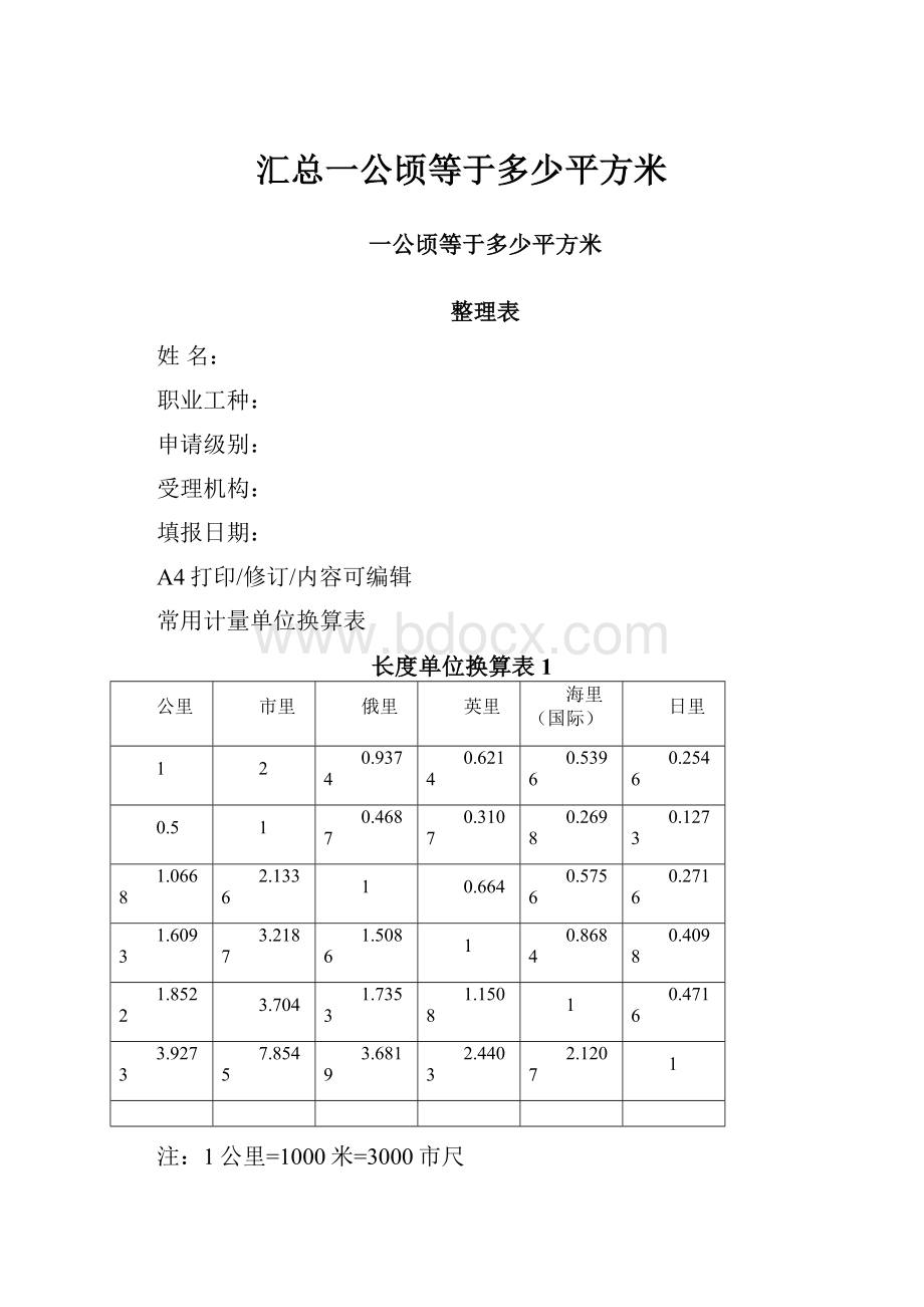 汇总一公顷等于多少平方米.docx