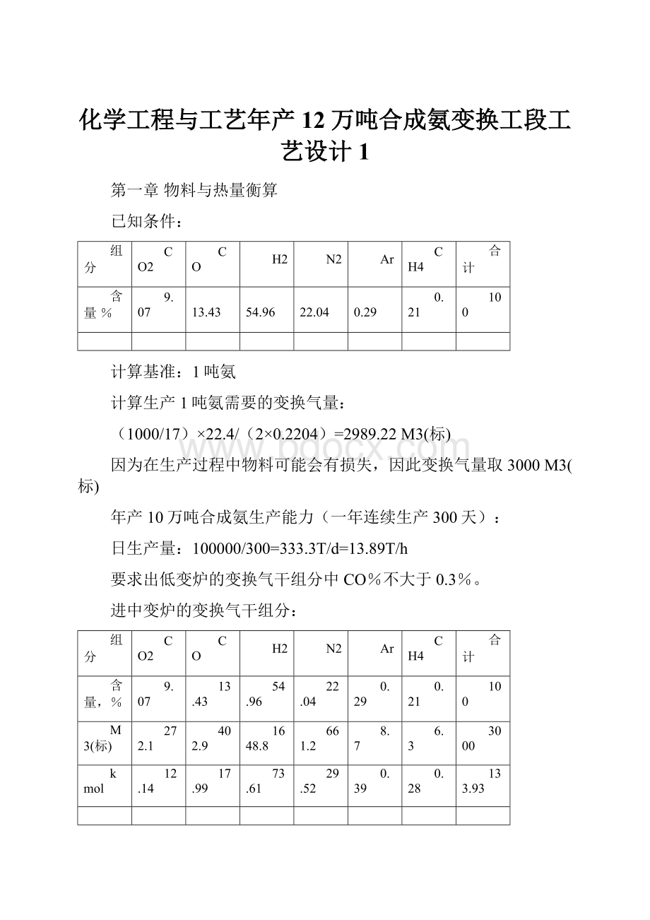 化学工程与工艺年产12万吨合成氨变换工段工艺设计1.docx_第1页